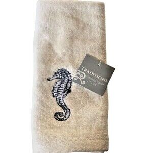 Traditions Seahorse Fingertip Towel Embroidered Ivory Summer Beach Home 11x18"